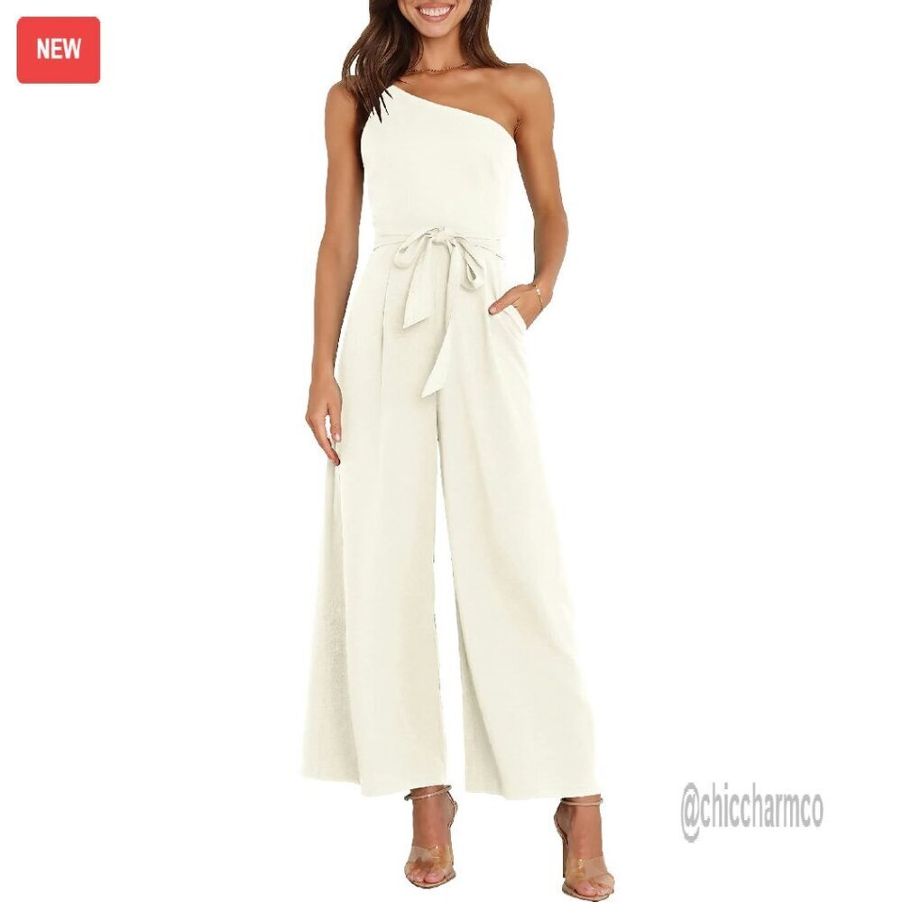 Slim Fit One Shoulder Jumpsuit with Wide Leg, Polyester Blend